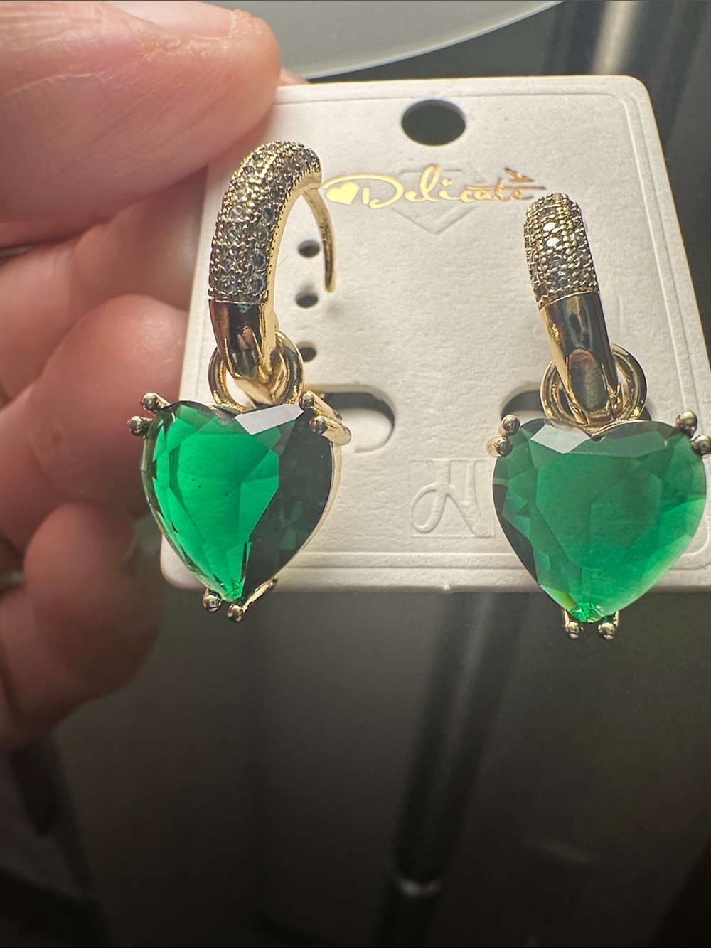 delicates Gold Hoop Earrings with diamond accents and  Green Heart Drops - Picture 3 of 5